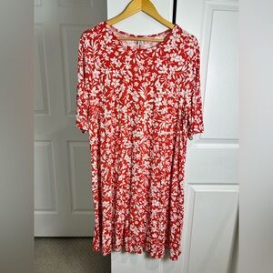 Old Navy Dress Womens 2XL Red White Floral Short Sleeve Swing A Line Vacation
